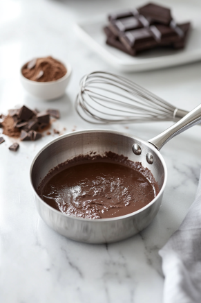 A small saucepan on a white marble cooktop with cocoa and milk being whisked into a smooth paste, steam gently rising as it simmers.