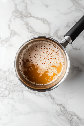 A saucepan on the white marble countertop with butter and brown sugar melting together, bubbling as condensed milk is whisked in to create a thick caramel.