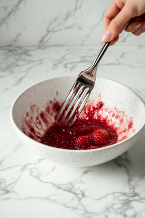 A bowl on the white marble countertop with fresh strawberries being mashed into a smooth puree using a fork or masher.