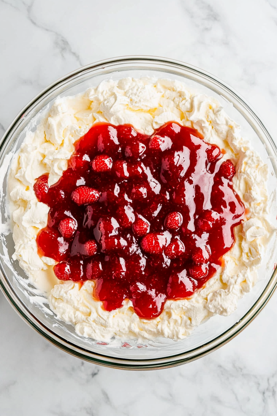 Another large glass mixing bowl on the white marble cooktop contains half of a 16 oz. tub of Cool Whip being combined with 18 oz. of strawberry preserves. The mixture is being stirred into a smooth and creamy consistency, ready to be used as the filling. The white marble backdrop maintains a clean and elegant look, with the creamy mixture standing out in the center.