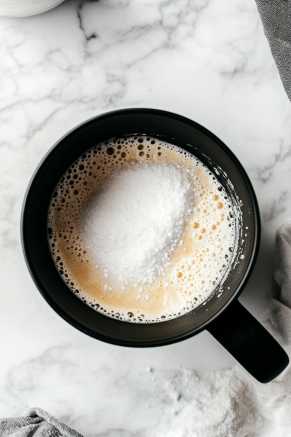 Confectioners' sugar is being gradually added to the creamed butter mixture in a black stand mixer bowl on the white marble cooktop. The sugar blends smoothly into the mixture.