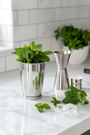 A cocktail shaker on the white marble cooktop containing fresh mint leaves and simple syrup. A muddler gently presses the mint leaves to release their flavors, creating a fragrant base for the cocktail.