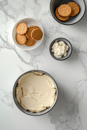 A springform tin rests on a white marble cooktop, with a mixture of crushed Biscoff biscuits and melted butter pressed firmly into the base to form an even layer. The tin is ready to be placed in the fridge, where the crust will chill and set.