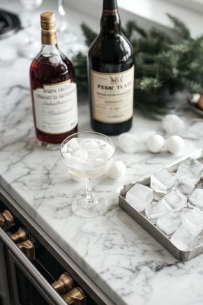 A collection of ingredients sits on the white marble cooktop, including a bottle of vanilla vodka, white crème de menthe, peppermint schnapps, and a tray of ice cubes, all arranged and ready to be mixed for a festive cocktail.