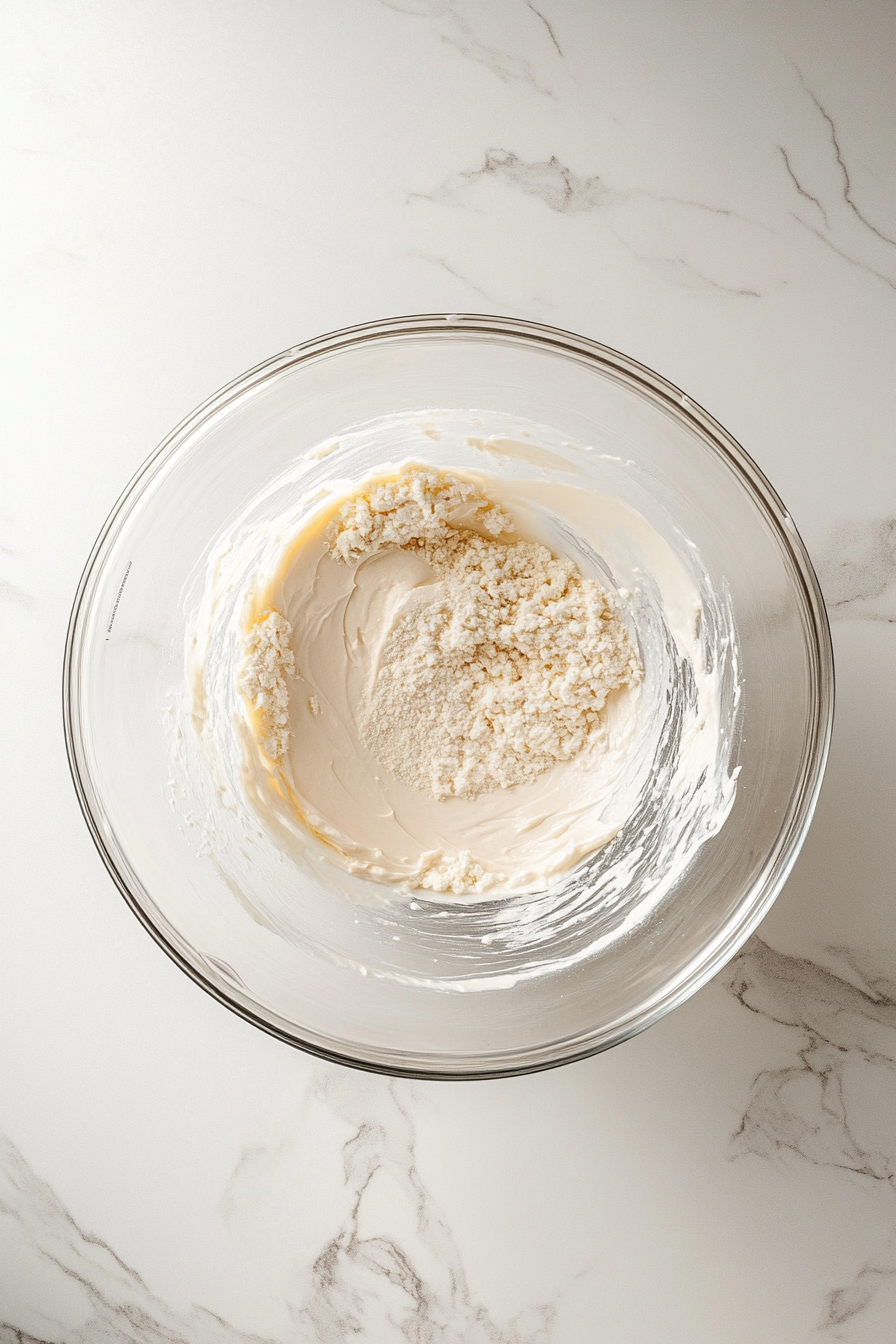 A large glass mixing bowl placed on a white marble cooktop, containing Angel Food cake mix being whisked into a smooth batter. The scene shows the dry mix blending perfectly into a light, fluffy batter. The white marble cooktop creates a clean and minimalistic backdrop, with the bright white ingredients contrasting the simple environment, ensuring focus on the cake preparation.