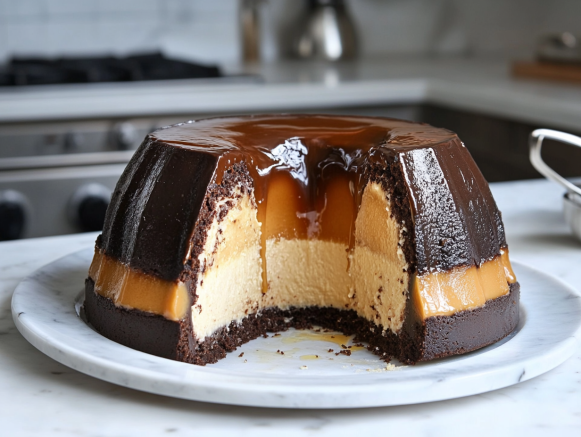 The chocoflan being carefully removed from the bundt pan on the white marble cooktop, revealing its beautiful layered presentation. A slice shows the rich caramel, creamy flan, and chocolate cake layers, ready to be enjoyed.