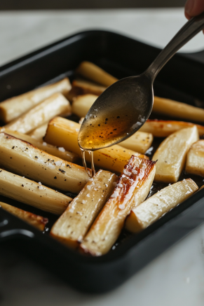 A spoon drizzles honey over the roasted parsnips in a black roasting tin on the white marble cooktop. Salt and pepper are evenly sprinkled to enhance the flavor.