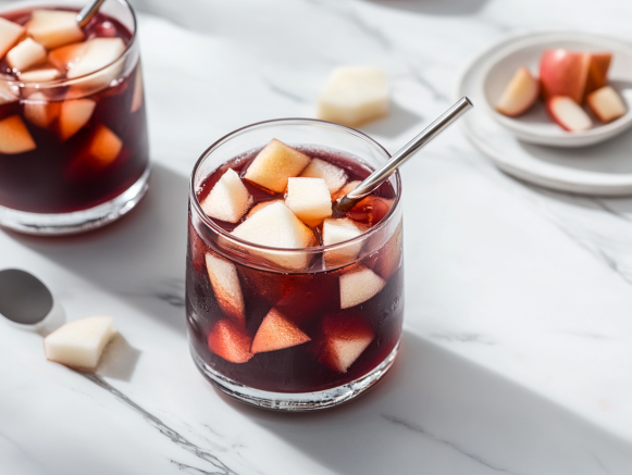 Glasses filled with chilled Peruvian Chicha Morada on the white marble countertop, garnished with floating apple pieces and served with a straw and spoon.