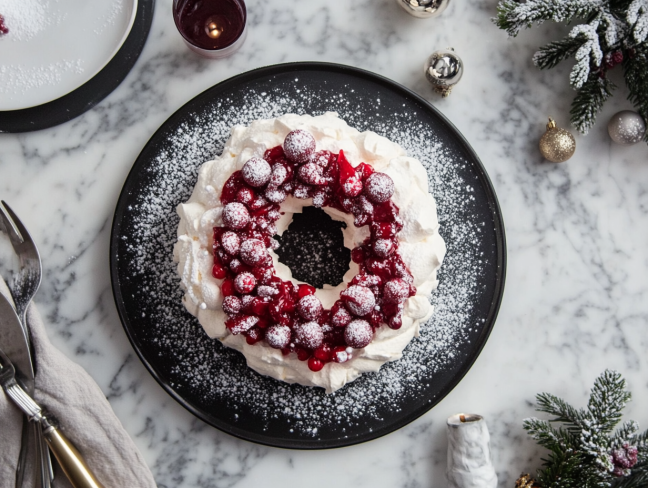 The Christmas Pavlova Wreath is beautifully garnished and served on a black platter placed on a white marble cooktop, with a dusting of icing sugar completing the festive presentation.