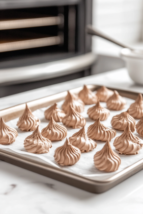 The chocolate meringue mixture is spooned onto a lined baking sheet on the white marble cooktop, shaped with a slightly raised edge. The meringue is ready to be baked for 1 hour to 1 hour 15 minutes and cooled completely in the oven.