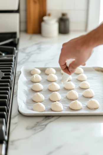 A tray of piped macaron batter resting for 20 minutes on the white marble cooktop, drying before baking