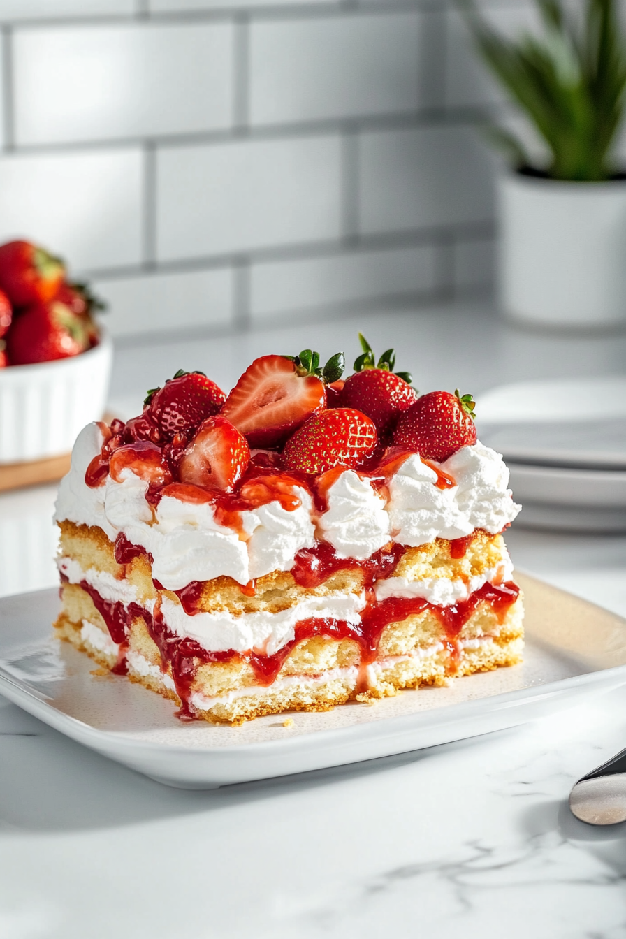 A freshly assembled Angel Food cake, garnished with fresh strawberries on top, rests on the white marble cooktop. The cake is ready to be chilled in the fridge for at least 2 hours before serving. The strawberries add a pop of color against the white Cool Whip layers, and the clean, minimal background of the white marble countertop highlights the simple elegance of the cake.