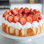 A Side-down view of a multi-layered angel food cake with strawberry preserves, Cool Whip, and fresh strawberries. The cake is beautifully arranged on a white ceramic serving dish on a clean white marble countertop, showcasing its soft layers of cake and creamy filling. The vibrant strawberries and smooth Cool Whip make this dessert look irresistible and fresh, ready to be served at a gathering.