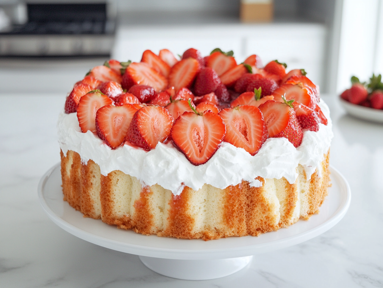 A Side-down view of a multi-layered angel food cake with strawberry preserves, Cool Whip, and fresh strawberries. The cake is beautifully arranged on a white ceramic serving dish on a clean white marble countertop, showcasing its soft layers of cake and creamy filling. The vibrant strawberries and smooth Cool Whip make this dessert look irresistible and fresh, ready to be served at a gathering.