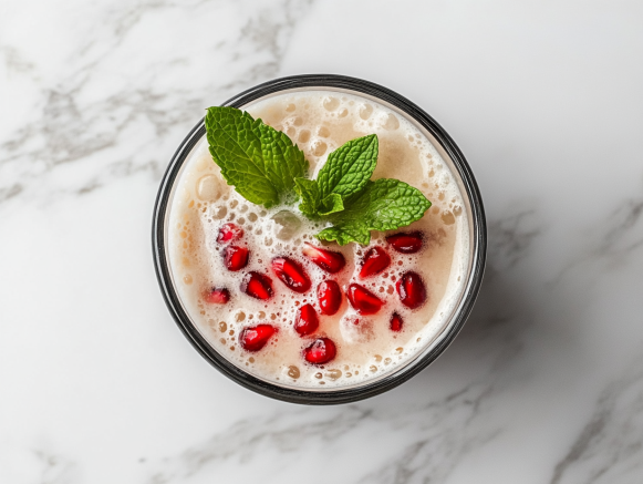 A completed cocktail in a Collins glass, topped with fizzy seltzer, garnished with a sprig of mint and vibrant pomegranate seeds, set on the white marble cooktop.
