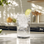 Sparkling water is gently poured into the tall glass on the white marble cooktop, filling it to the top. A lime wedge rests on the rim as a garnish, giving a bright, inviting touch to the finished drink.
