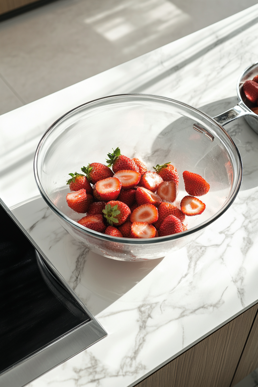 A large glass mixing bowl on a white marble cooktop contains fresh, halved strawberries being tossed with sugar. The sugar is visibly coating the strawberries, releasing their juices as they macerate, preparing them for the next step in the recipe. The simplicity of the white marble cooktop adds a clean and fresh aesthetic to the scene, highlighting the preparation of the fruit.
