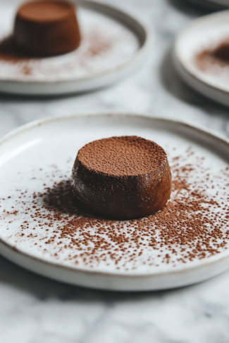 Freshly baked fondants turned out onto plates on the white marble cooktop, dusted lightly with cocoa powder, with molten chocolate starting to ooze from the center.