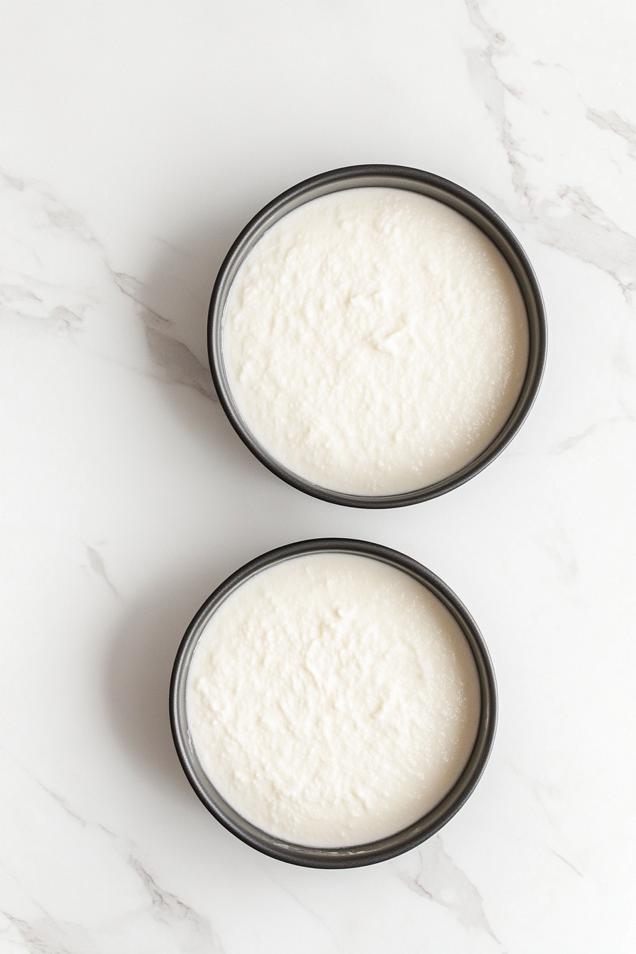 Two round cake pans, each filled with prepared Angel Food cake batter, are set on a white marble cooktop, awaiting placement in a preheated oven. The pans are filled evenly with the fluffy, smooth batter, showcasing the simplicity and elegance of the baking process. The clean white countertop emphasizes the neatness of the setup, ready for the baking step to begin.