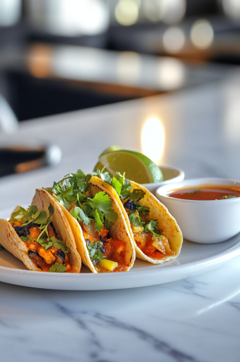 Assembled tacos on a plate on the white marble cooktop, garnished with the cilantro and lime mixture and served with a side of reserved broth for dipping. The tacos are fresh and flavorful, ready to enjoy."