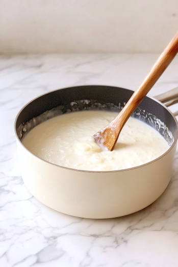 The custard mixture in the saucepan on medium-low heat, cooking until it coats the back of a spoon. The pan is removed from heat, with butter and vanilla stirred in to finish the custard