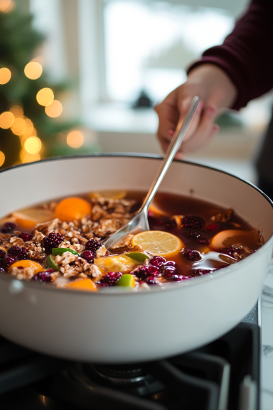 Slices of lemon, lime, orange, and seasonal fruits floating on top of the punch, adding a colorful and festive garnish