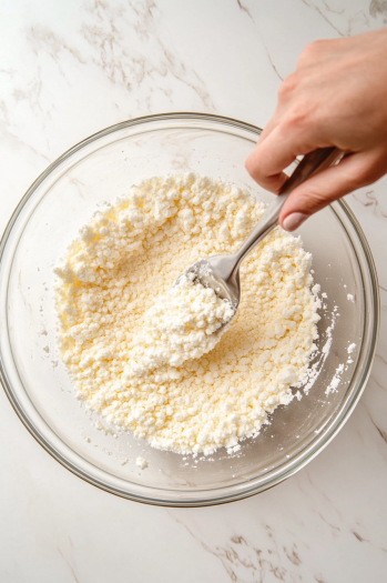 The fluffy meringue being gently folded into the sifted dry ingredients, forming a smooth batter that flows in a figure-8 pattern on the white marble cooktop