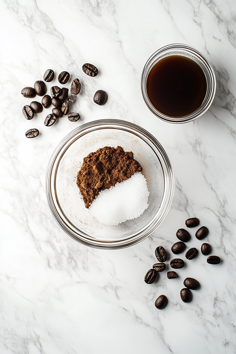 A top-down image showing a clear glass mixing bowl containing instant coffee powder, white sugar, and hot water, placed on a white marble countertop. These three ingredients are ready to be whipped together to form the iconic frothy coffee topping for Dalgona Coffee. The setup is clean and minimal, with a silver spoon placed nearby. This mixture forms the base for the fluffy coffee layer and highlights how a few simple ingredients can transform into a luxurious drink. The white marble background enhances the clarity and simplicity of the preparation stage.