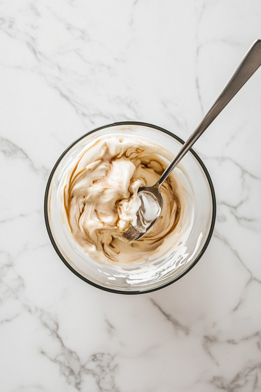 A clear glass filled with Dalgona Coffee sits on a white marble countertop as a silver spoon stirs the whipped coffee and milk together. The layers begin to blend, creating a smooth caramel-like swirl inside the glass. The image captures the transformation of the drink from a visually layered beverage into a creamy, velvety blend. The background is simple and white, keeping the focus on the drink’s texture and color. This step shows the final mix before enjoying, combining the bold coffee flavor with chilled milk for a rich, smooth taste.