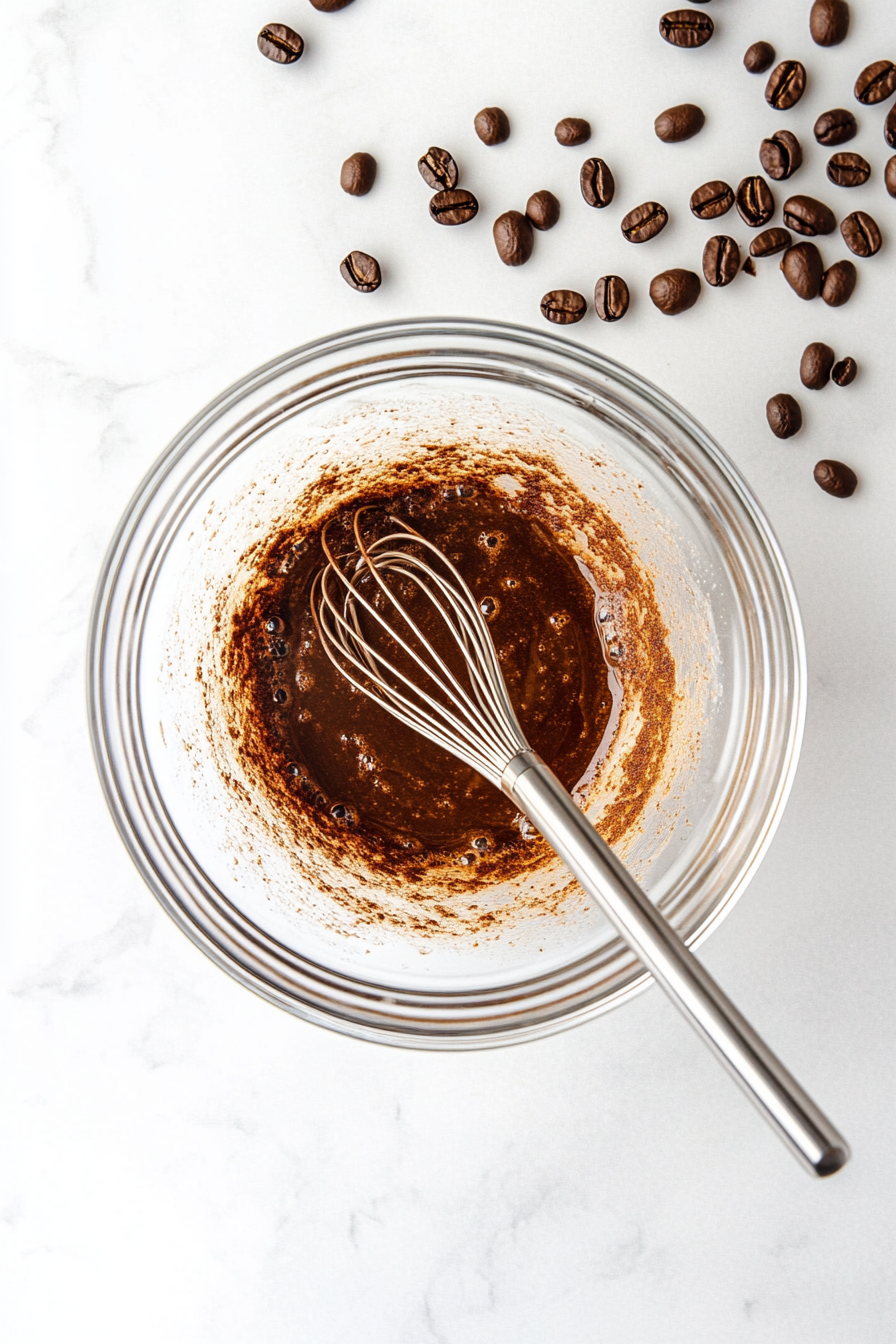 A top-down shot capturing a metal whisk actively mixing instant coffee, sugar, and hot water in a clear glass bowl on a white marble surface. The mixture is becoming fluffy and light, forming soft peaks after vigorous whisking. This crucial step transforms the ingredients into a creamy, cloud-like texture that will later sit atop the milk. The color of the coffee mixture is a rich, deep brown, and the smooth countertop creates a clean, distraction-free scene. This image highlights the transformation from a basic mixture into a whipped delight through consistent whisking.