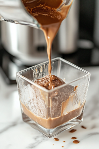 A glass on the white marble cooktop as the blended coffee whiskey ice cream mixture is poured into it, creating a rich and indulgent drink