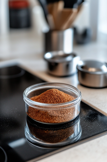 The taco seasoning being transferred into an airtight container on the white marble cooktop. The container is sealed and ready to be stored in a cool, dry place for up to six months.