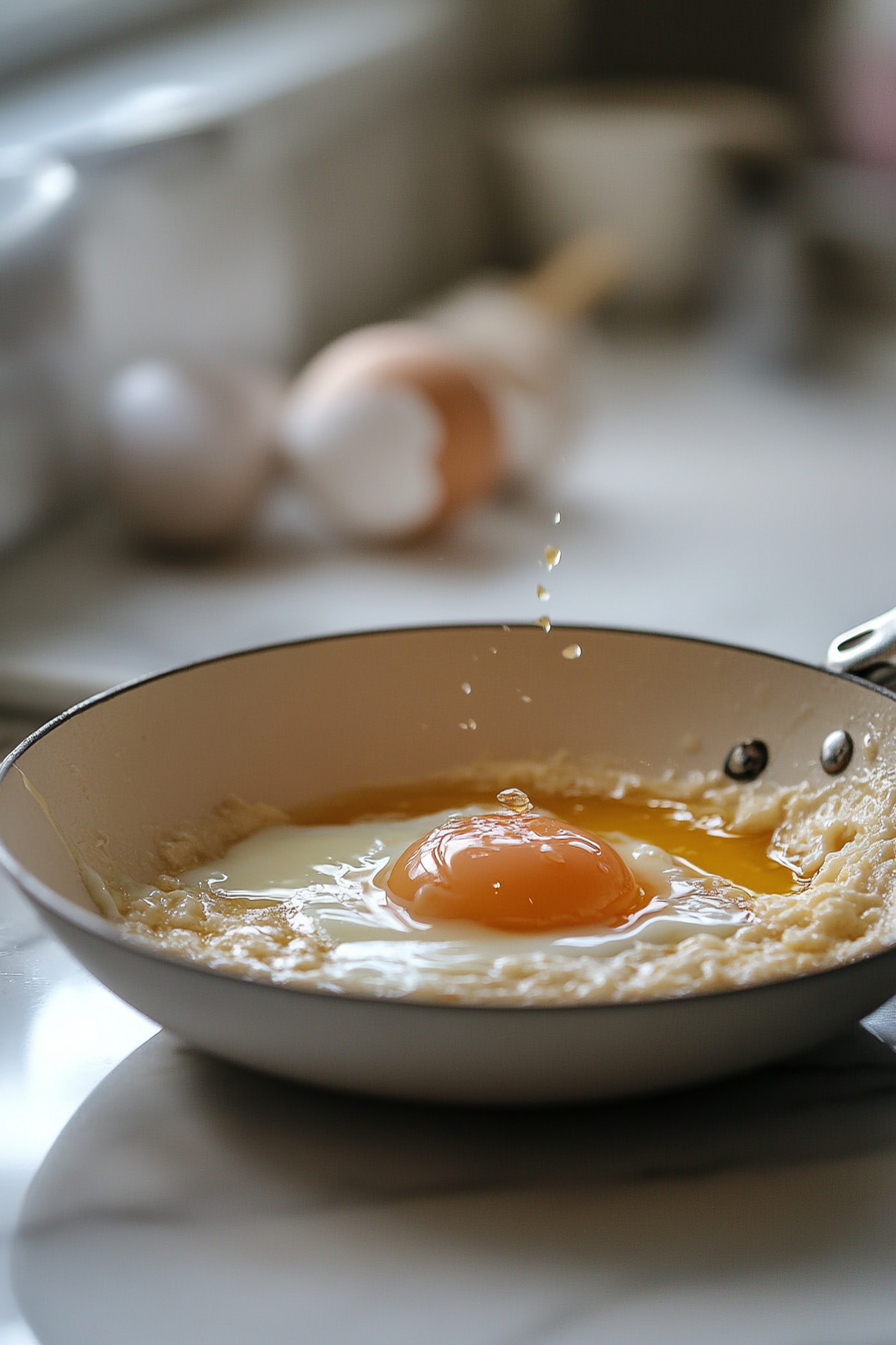A glass mixing bowl on the white marble cooktop, containing softened butter, light brown sugar, and granulated sugar being creamed with a handheld mixer into a smooth and fluffy consistency.