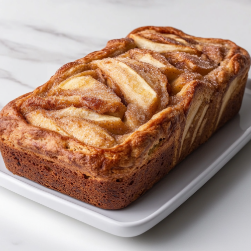 A top-down view of a golden brown apple cinnamon swirl loaf resting on a white ceramic plate placed on a white marble countertop. The loaf has visible chunks of tender apple and swirls of cinnamon sugar throughout the crust, giving it a rustic, homemade feel. The soft texture and rich aroma of baked cinnamon and apples are visually inviting, with a clean and minimalist background that focuses entirely on the loaf’s freshly baked charm.