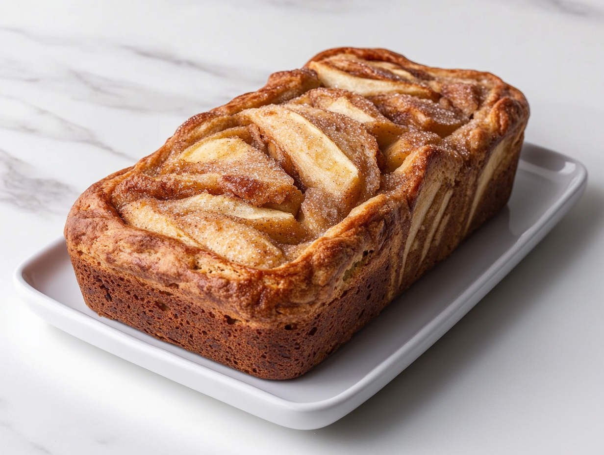 A top-down view of a golden brown apple cinnamon swirl loaf resting on a white ceramic plate placed on a white marble countertop. The loaf has visible chunks of tender apple and swirls of cinnamon sugar throughout the crust, giving it a rustic, homemade feel. The soft texture and rich aroma of baked cinnamon and apples are visually inviting, with a clean and minimalist background that focuses entirely on the loaf’s freshly baked charm.