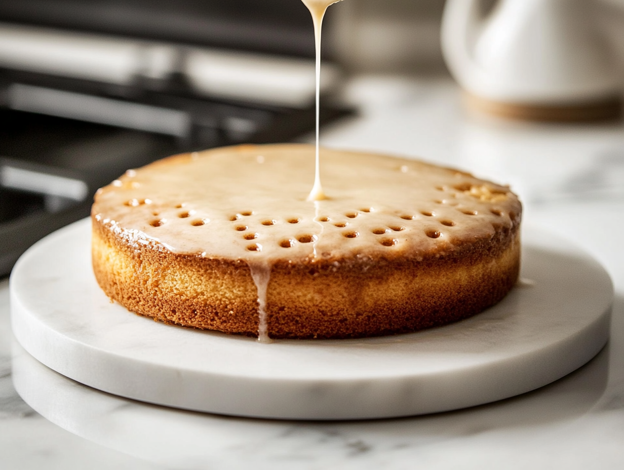 The freshly baked cake on the white marble cooktop with holes poked into it using a butter knife. The smooth glaze is being poured over the top, spreading evenly across the cake