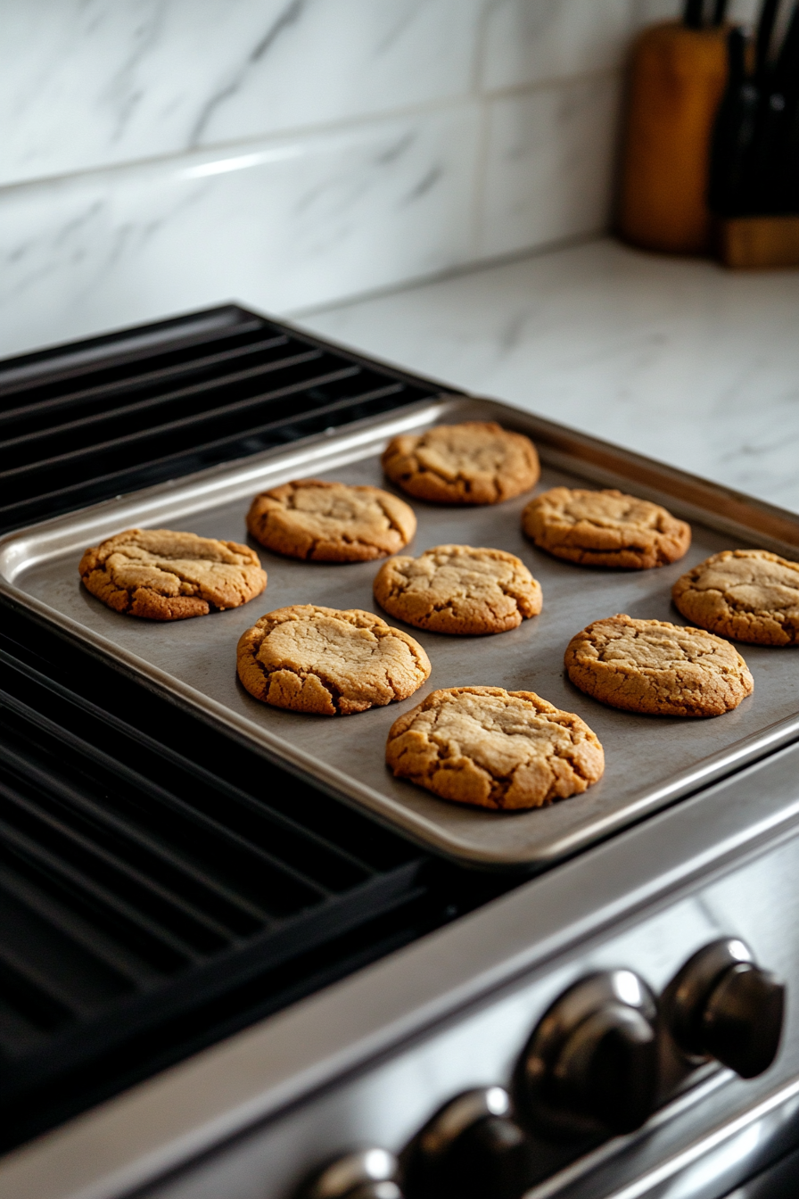 Cookies baking in the oven with tops starting to crackle, while another baking tray with unbaked dough sits on the white marble cooktop.
