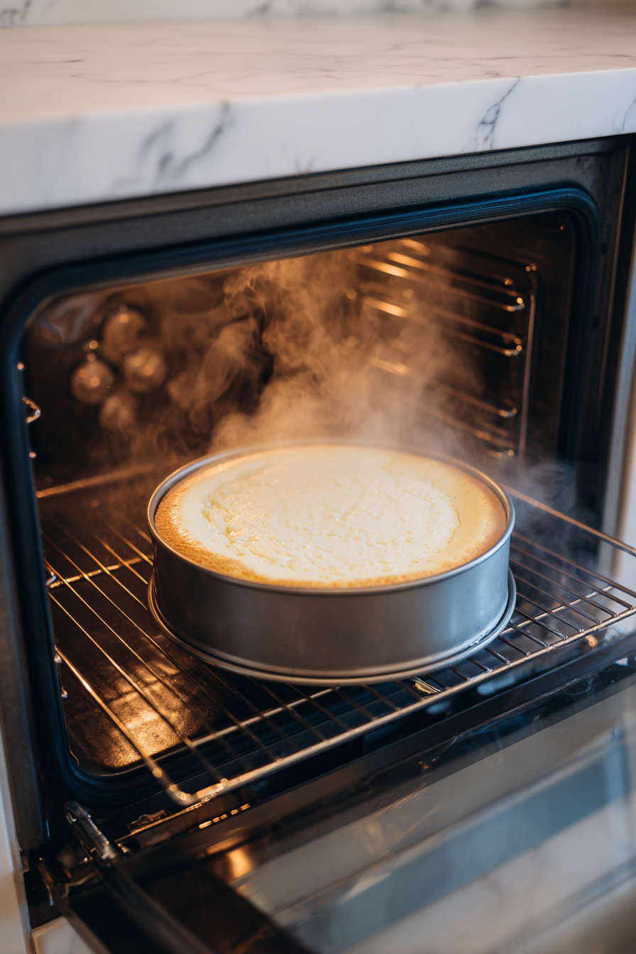 Bake for 40-45 minutes until just set. Turn off oven, leave door open, and cool cheesecake on the center rack for 20 minutes.