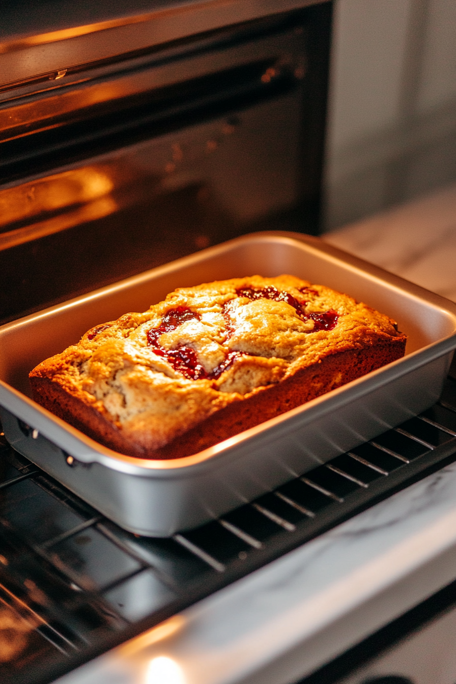 The loaf pan is shown in the oven as the Cranberry Sauce Swirl Pound Cake rises. The edges of the cake turn golden brown. The warm glow from the oven reflects on the white marble cooktop in the foreground.