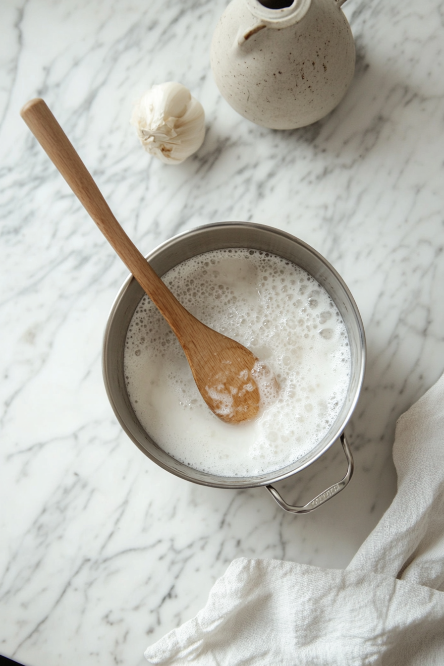 The saucepan on the white marble cooktop is at a rapid boil, with the sugar mixture frothing slightly. Steam rises from the pan, and a wooden spoon is nearby for constant stirring.