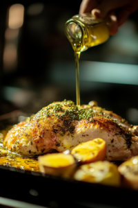 The whole turkey sits on a roasting tray, its skin glistening as herb butter is massaged over its surface. A drizzle of olive oil is being added for a golden finish.