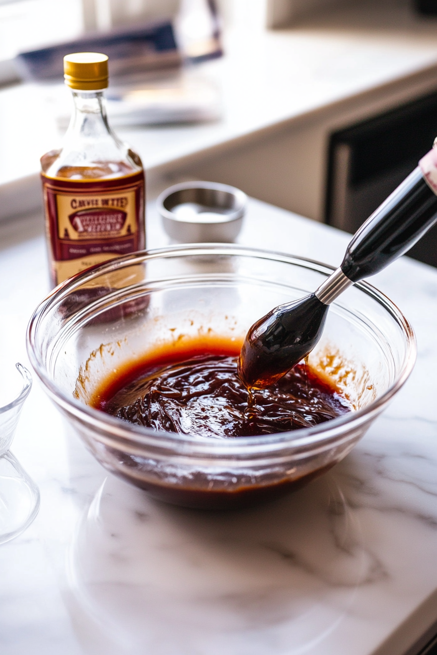 A large glass bowl on the white marble cooktop shows eggs, Greek yogurt, and sugar being beaten with a hand mixer. The mixture has a smooth, creamy texture. Nearby, a bottle of vanilla extract and a measuring cup of vegetable oil set the stage for the next step.