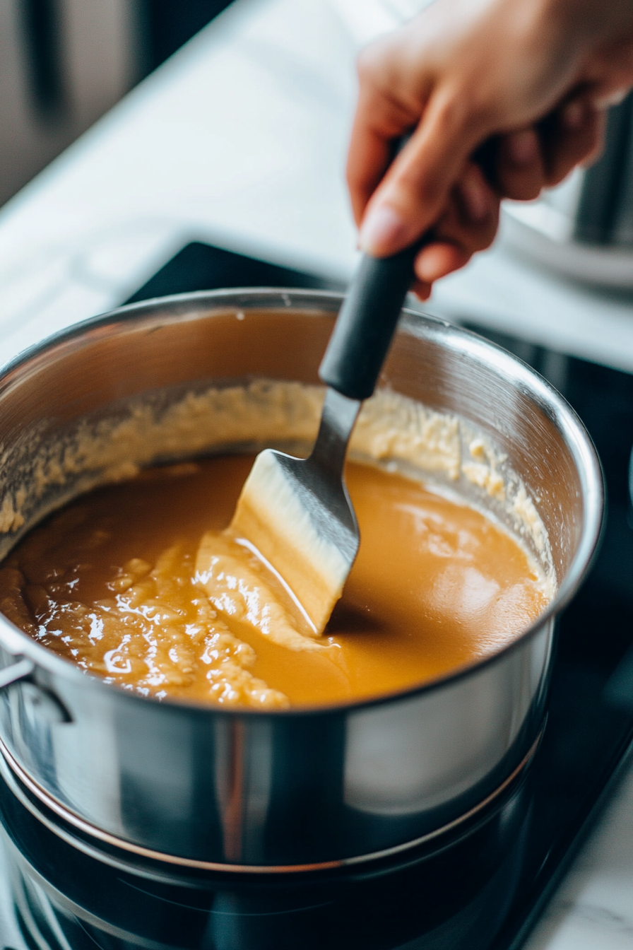 The wet mixture is being combined with the dry flour mixture in a mixing bowl on the white marble cooktop. A spatula folds the ingredients together into a smooth dough.