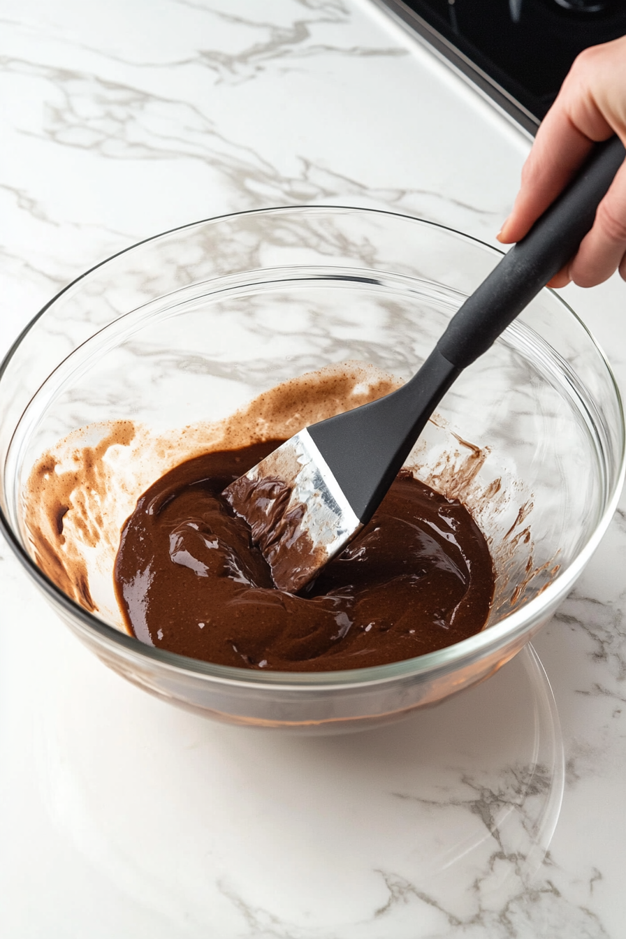 An egg being cracked into the butter and sugar mixture, with a teaspoon of vanilla extract being added, on the white marble cooktop.