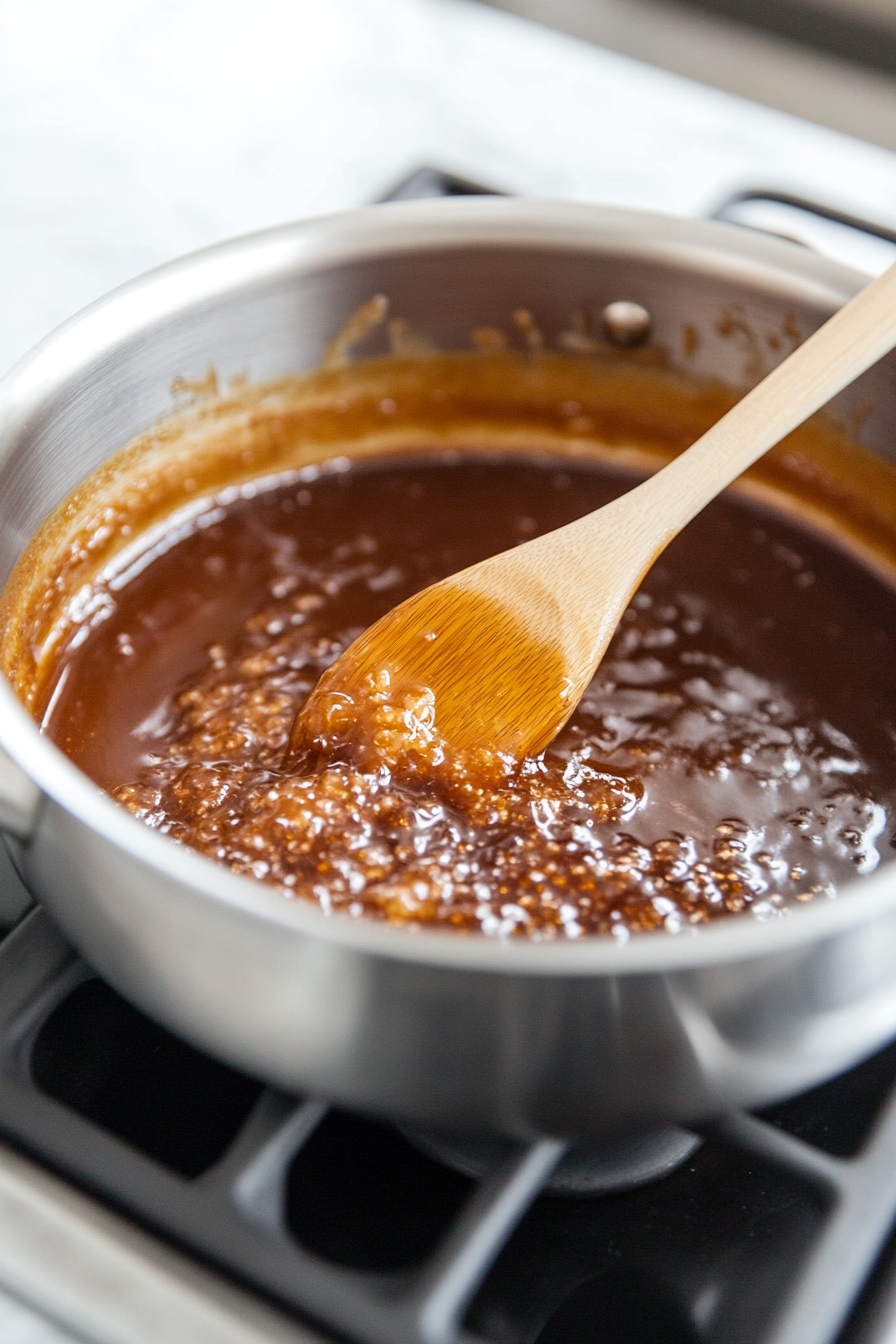 A medium saucepan on a white marble cooktop bubbles with a mixture of sugar, butter, and milk. A wooden spoon is stirring the ingredients as they begin to boil.