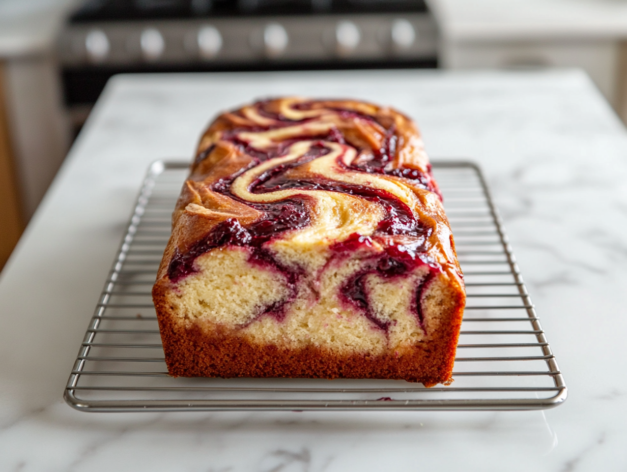 The Cranberry Sauce Swirl Pound Cake is shown resting on a wire rack on the white marble cooktop after being removed from the pan. The swirl pattern on top is fully visible, and the cake cools completely before being ready to slice and serve.