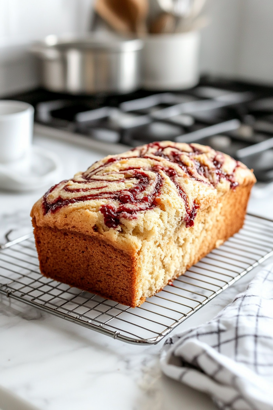 The Cranberry Sauce Swirl Pound Cake is shown resting on a wire rack on the white marble cooktop after being removed from the pan. The swirl pattern on top is fully visible, and the cake cools completely before being ready to slice and serve.