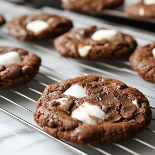 Hot chocolate cookies cooling on a wire rack over the white marble cooktop, their marshmallow centers soft, gooey, and perfectly set.