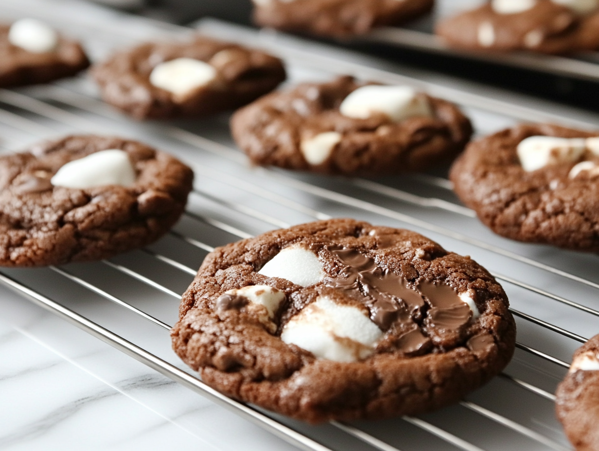 Hot chocolate cookies cooling on a wire rack over the white marble cooktop, their marshmallow centers soft, gooey, and perfectly set.