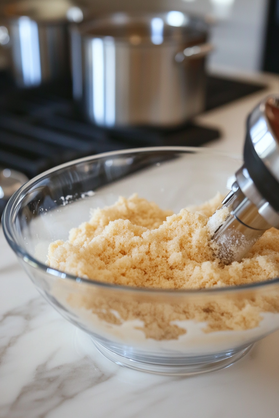 A medium mixing bowl on a white marble cooktop filled with flour, hot cocoa mix, baking powder, baking soda, and salt, being whisked together with a wire whisk.